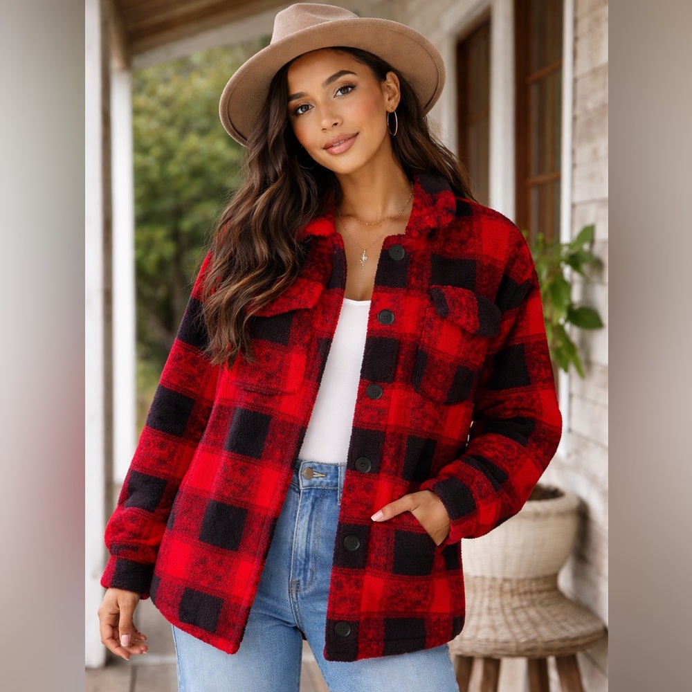 C&C California Red&Black Plaid Sherpa Button-Up Jacket Lumberjack ‼️Free ship